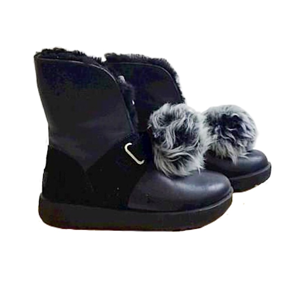 UGG Isley Black Waterproof Leather Pom Pom Boots, Size 6 - Picture 3 of 15